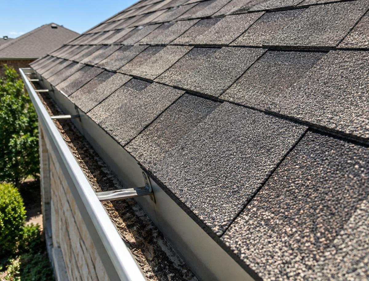 Architectural asphalt shingles with visible granule texture beside a gutter