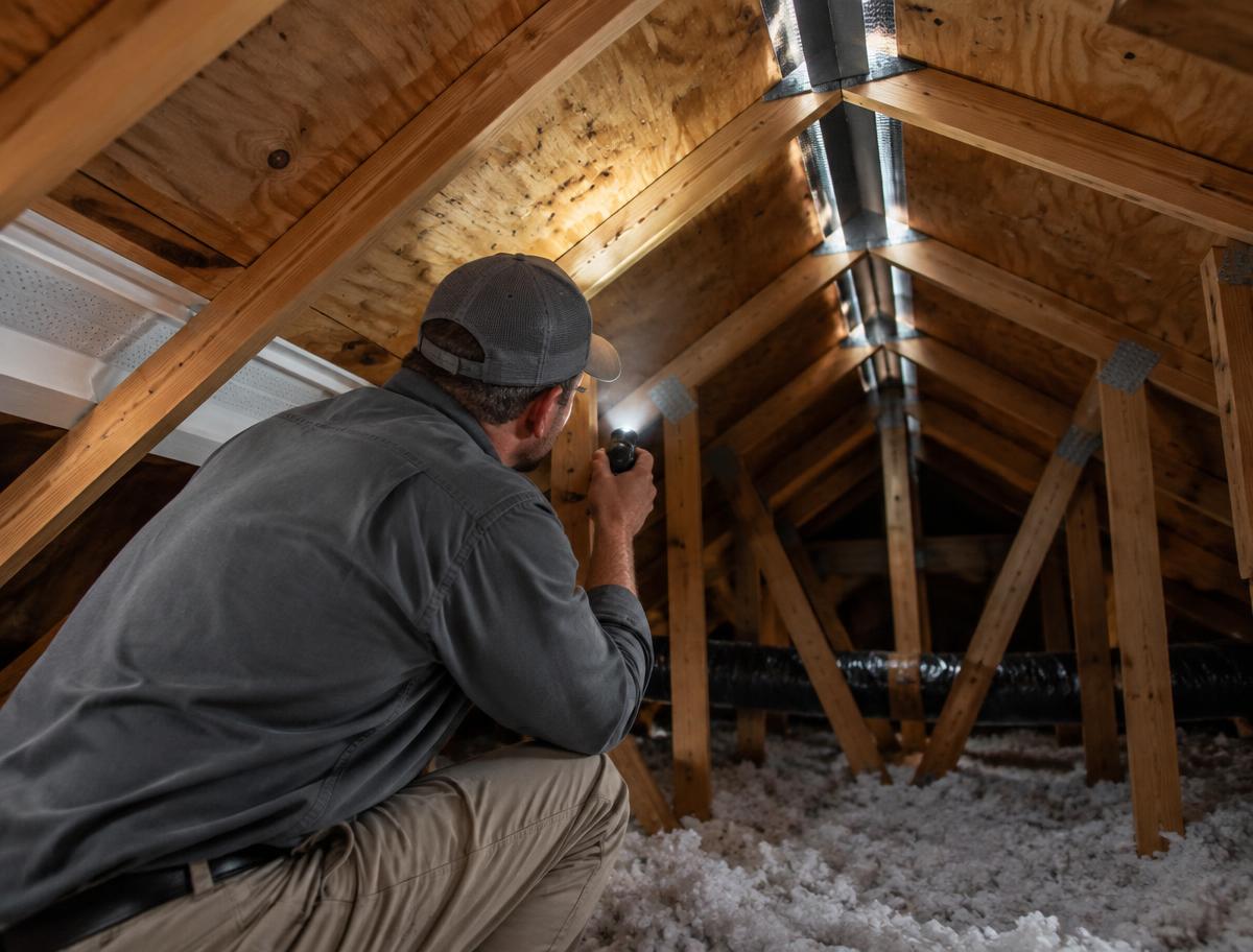 Roofing professional inspecting attic ventilation and roof decking in a North Texas home