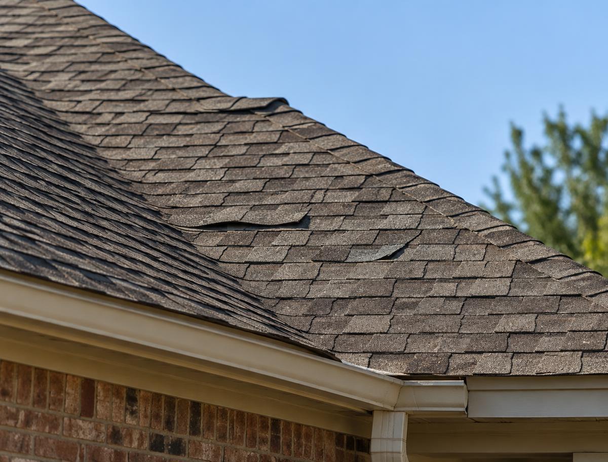 Aging architectural shingles with lifted edges and surface wear on a Texas roof