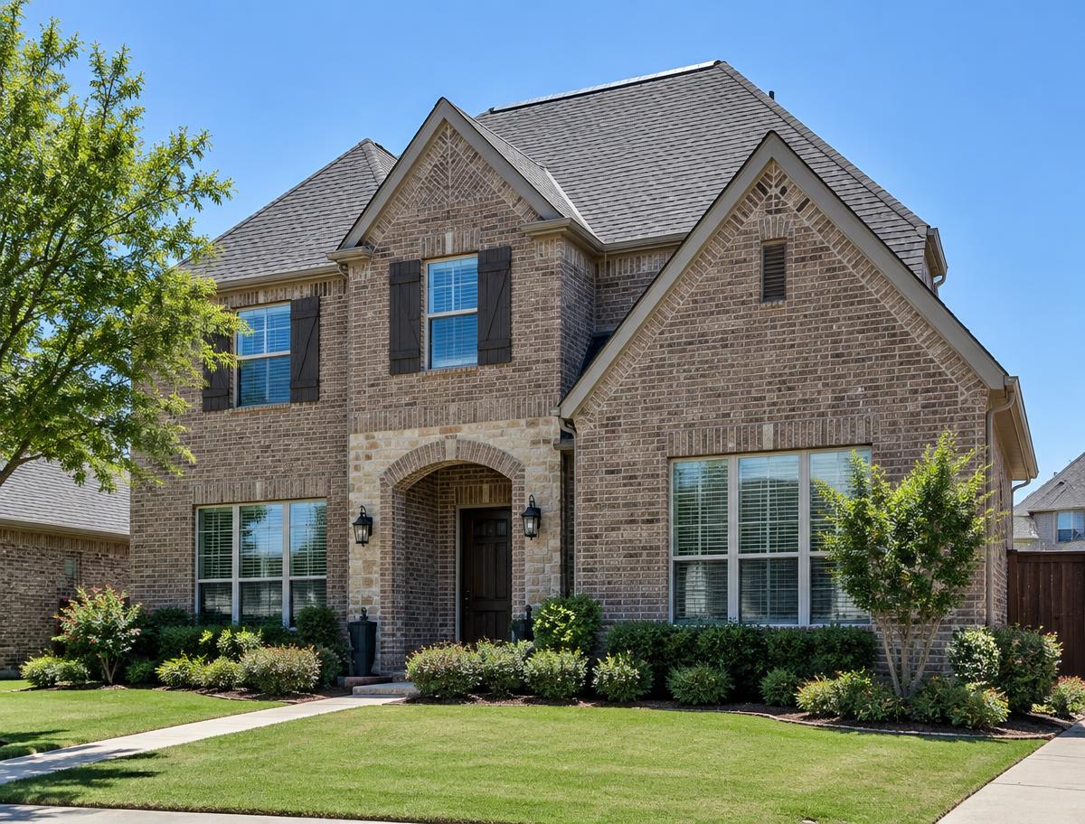 Clean architectural shingle roof with a zinc strip near the ridge on a North Texas two-story home