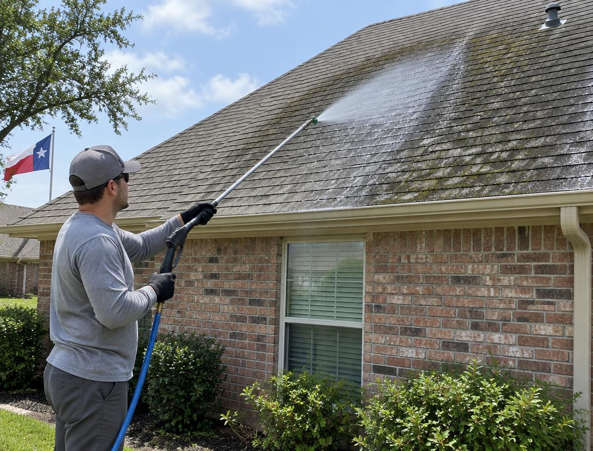 Professional applying a low-pressure soft-wash treatment to a streaked shingle roof from the ground