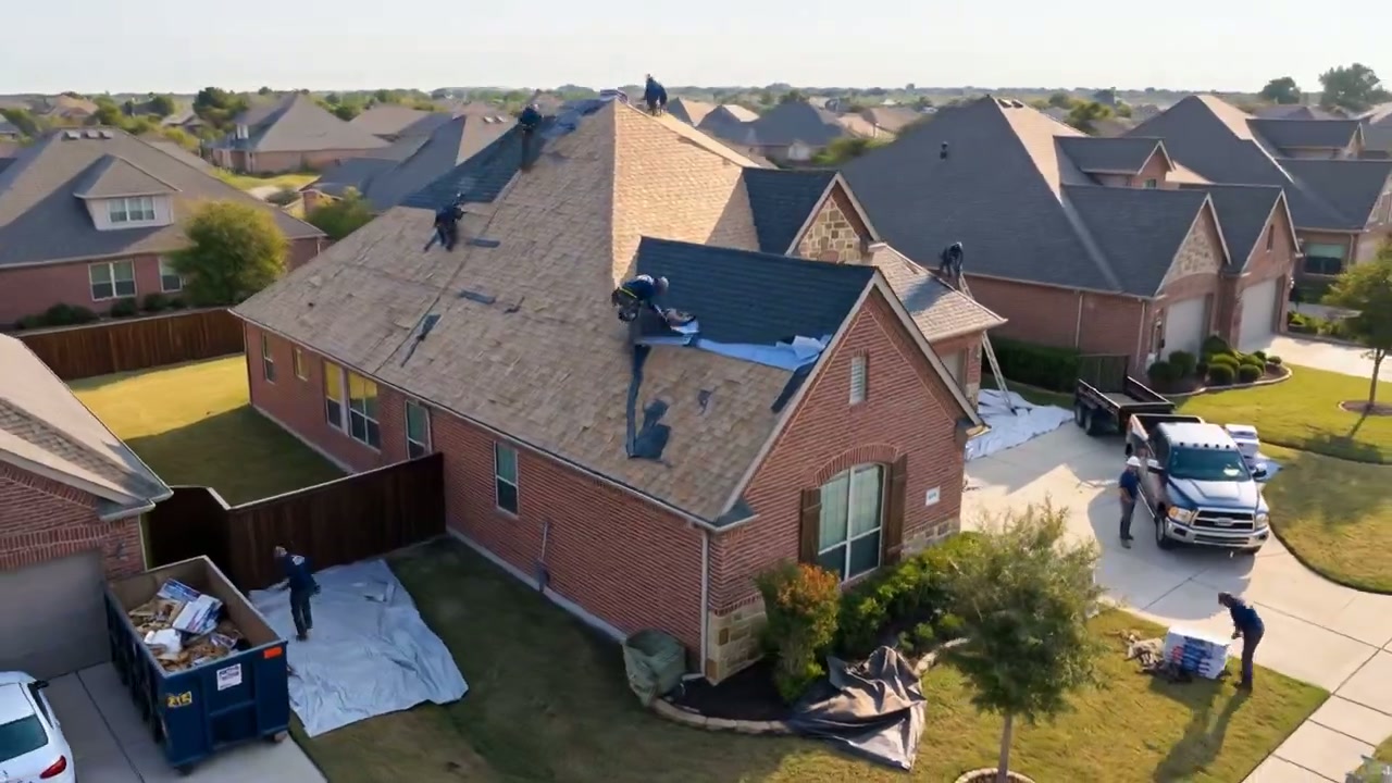 Roofing crew working on a North Texas residential roof
