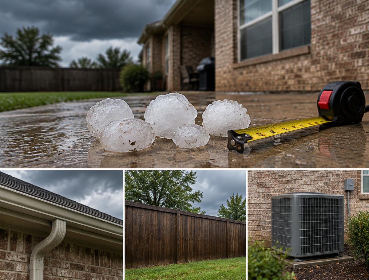 Hailstones measured safely from the ground beside a Texas home after a storm