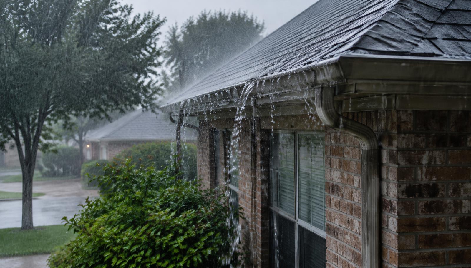 Heavy rain overflowing the gutters of a North Texas brick home with a shingle roof