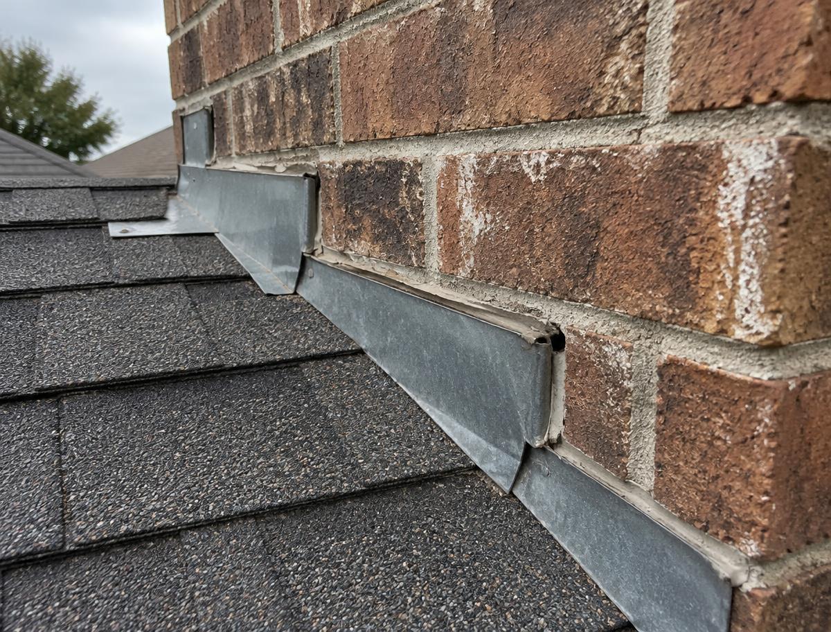 Metal step flashing with aging sealant where a shingle roof meets a brick wall on a Texas home