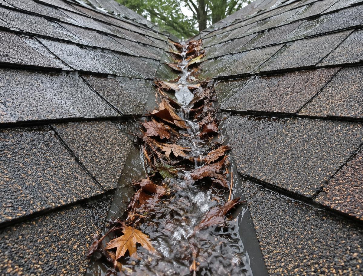 Roof valley on a Texas home with leaves and debris slowing heavy rain runoff