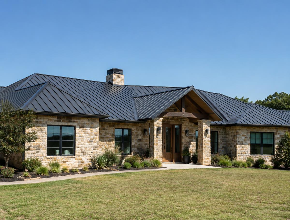 Charcoal standing seam metal roof on a single story stone ranch style home in Texas