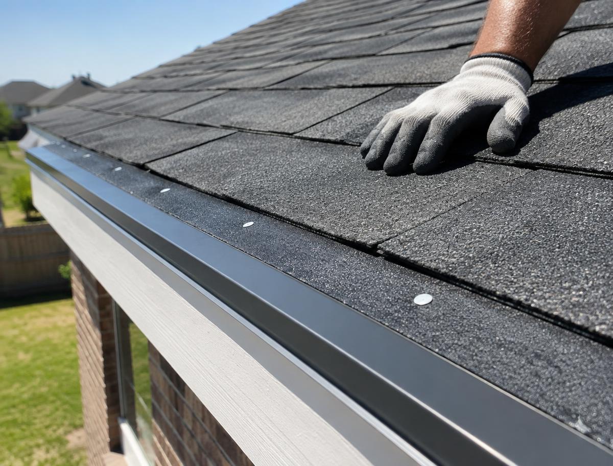 Drip edge and starter course along the eave of new architectural shingles on a Texas home