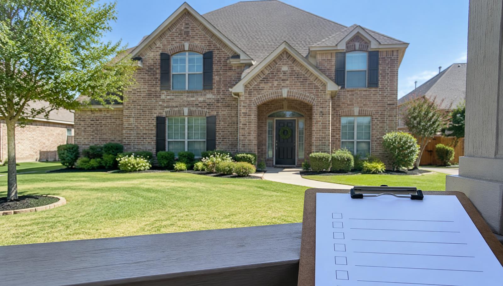 Clipboard with a blank roof inspection checklist on a porch rail facing a two-story North Texas brick home