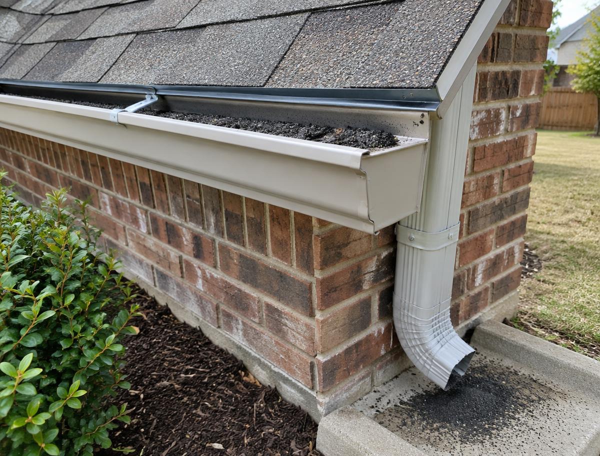 Gutter and downspout on a North Texas brick home with shingle granules collected at the outlet