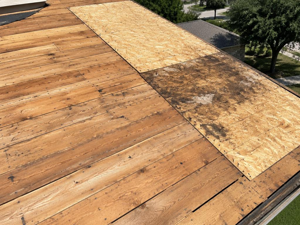 Exposed roof decking on a Texas home with a water-stained section only visible after tear-off