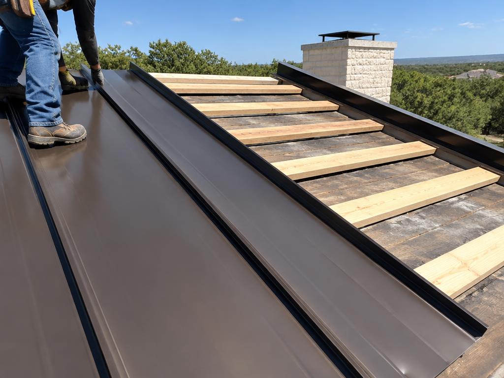 Standing-seam metal panels installed over a purlin system on a Texas roof