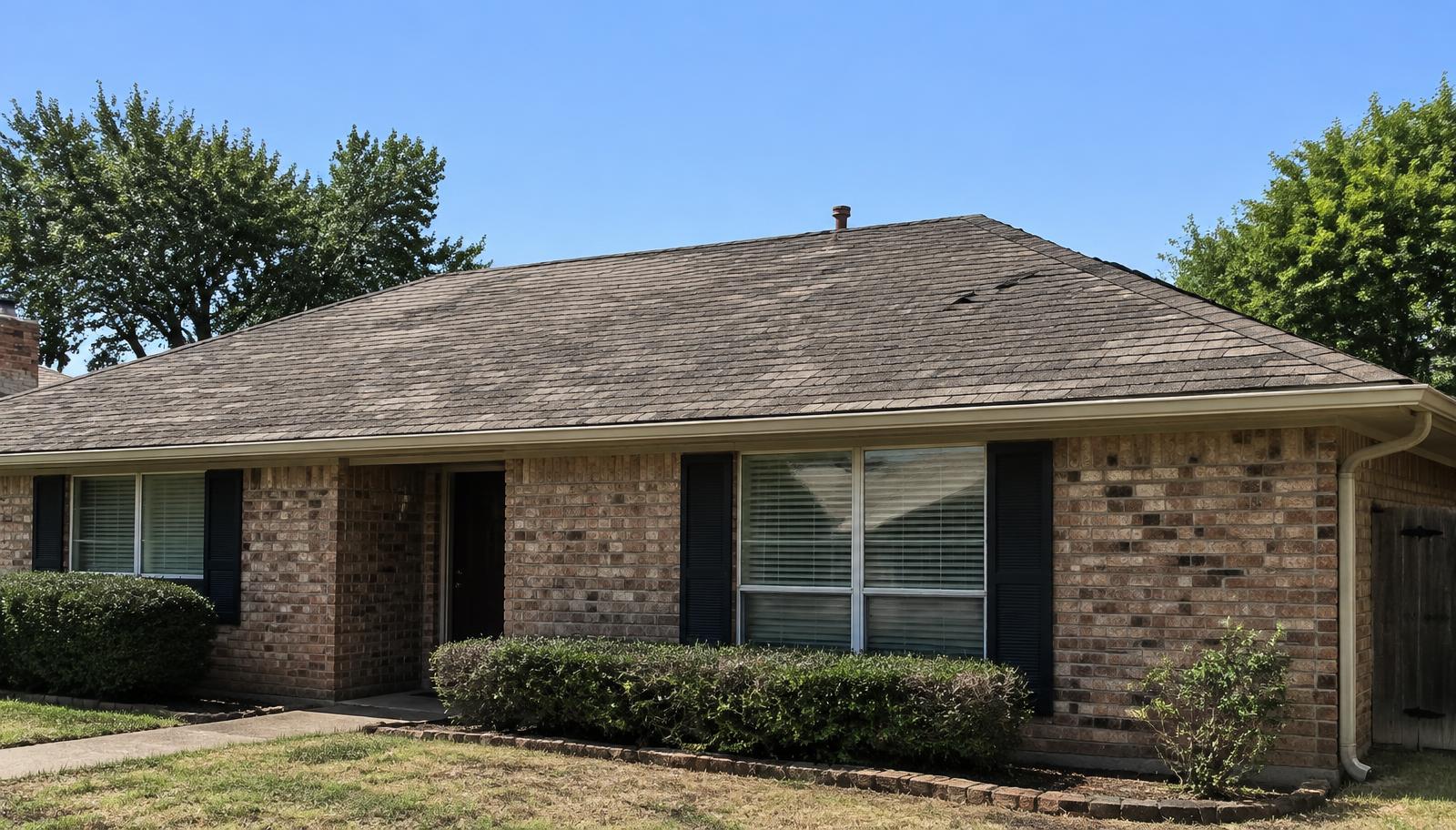 Weathered asphalt shingle roof with faded, uneven color on a single story North Texas brick home