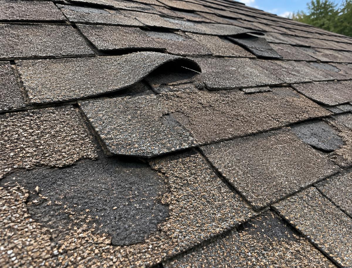 Curled, cracked, and bald asphalt shingles with heavy granule loss on a Texas roof