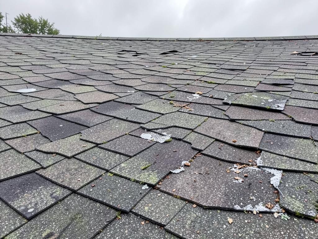 Hail-damaged shingle roof before repair