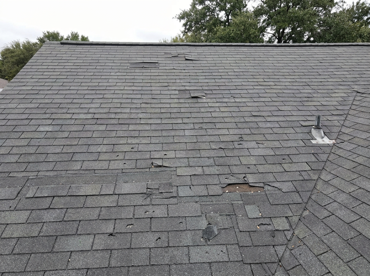 Hail-damaged roof before repair