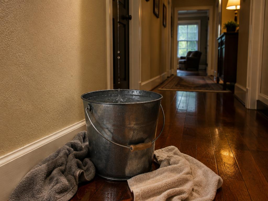 Bucket catching a ceiling drip in a Texas home hallway