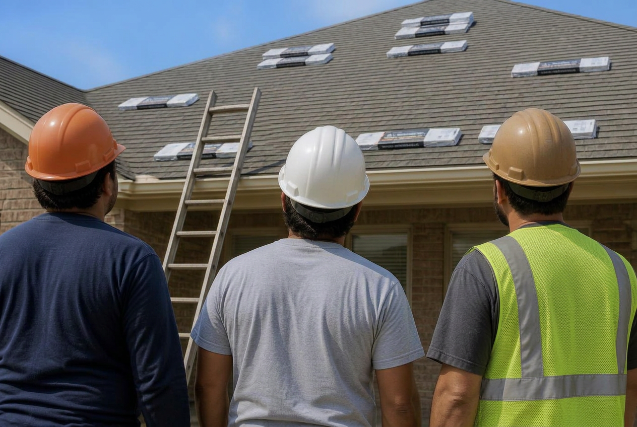 Roofing professionals in varied safety gear reviewing an active residential project