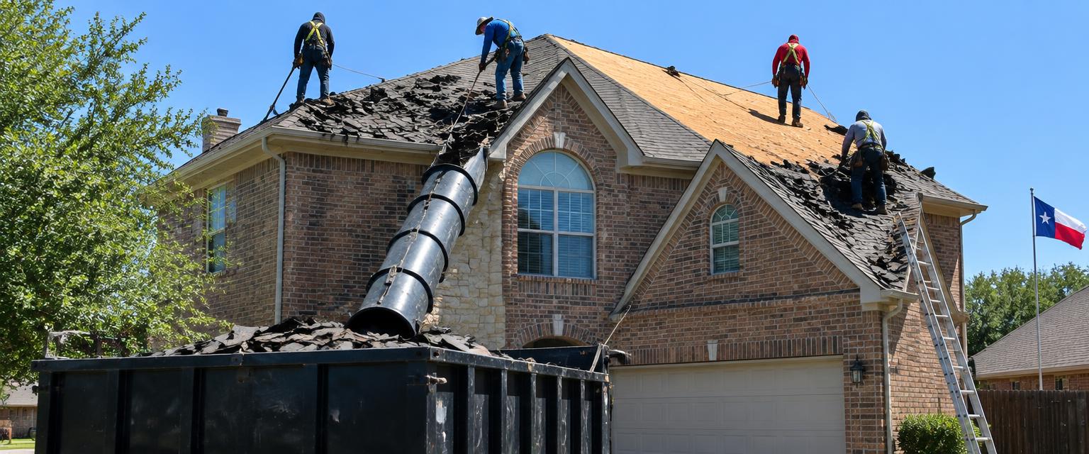 Roofing crew tearing old shingles off a two-story Texas brick home