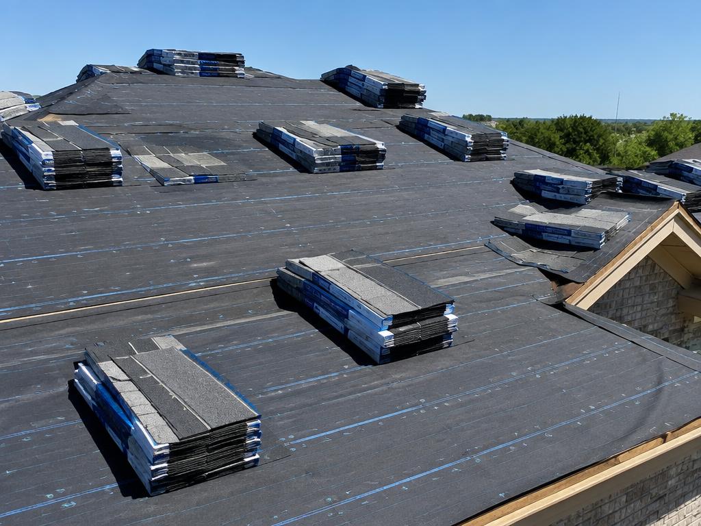 New shingle bundles distributed across a prepared roof deck
