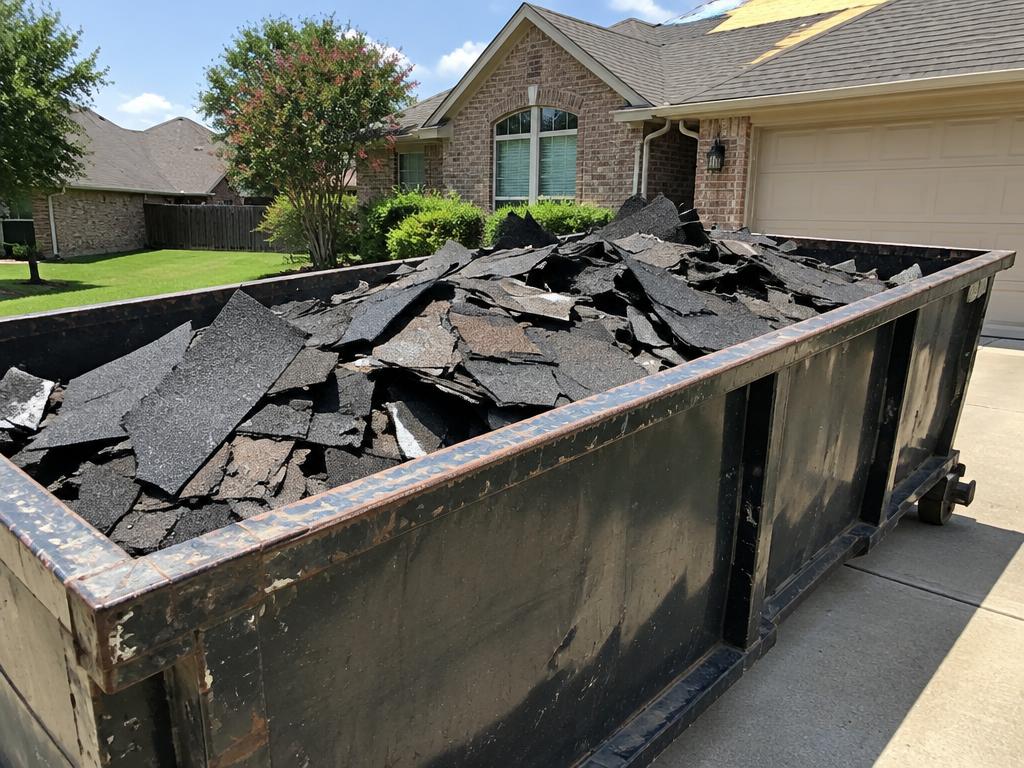 Dumpster filled with torn-off asphalt shingles at a Texas home