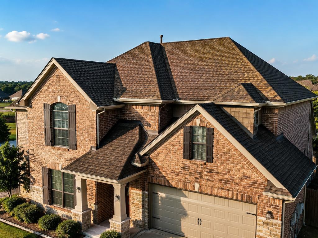 Completed architectural shingle roof on a Texas two-story brick home