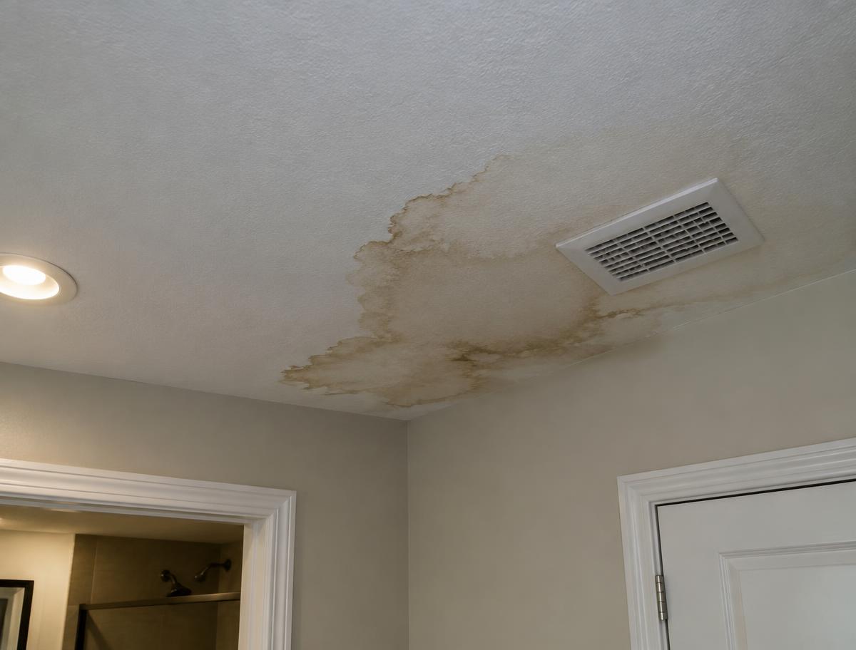 Brown water stain on a bathroom ceiling of a Texas home, a common sign of a vent pipe roof leak