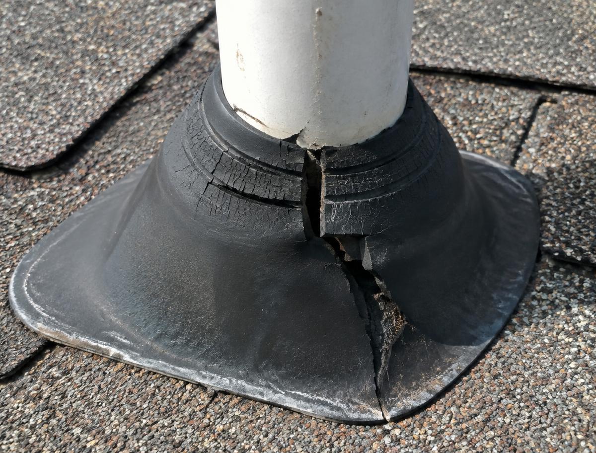 Close view of a sun-cracked rubber pipe boot split around a white PVC vent pipe on asphalt shingles