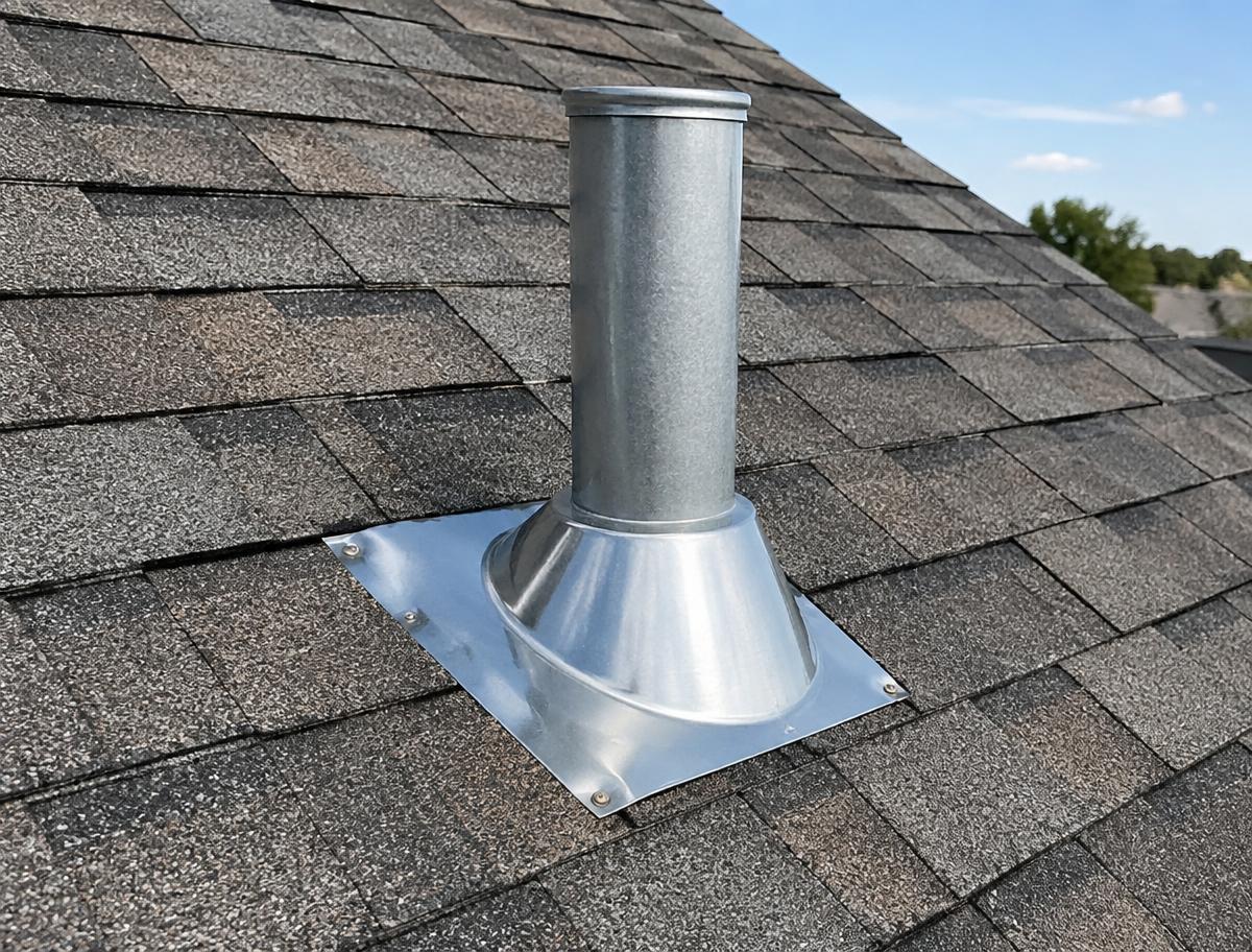 New metal plumbing vent pipe flashing correctly installed on architectural shingles